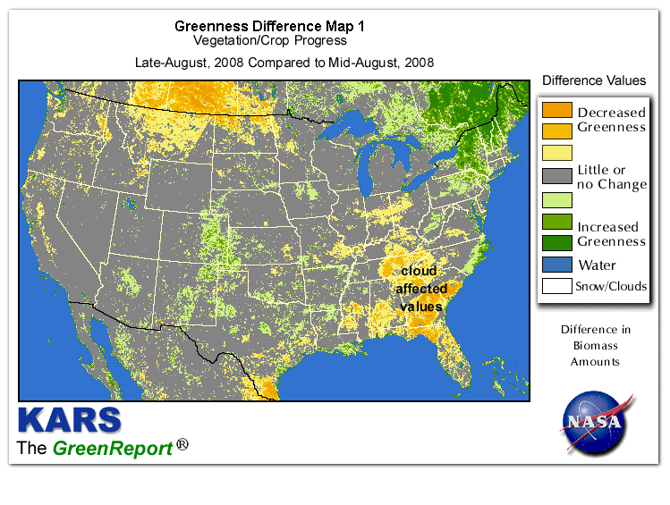 Color-coded U.S. vegetation greeness index map for Period 34 of 2008, illustrating spatial variations in plant vigor, with greener tones indicating higher biomass and browner tones indicating stressed vegetation,
              comparing current crop/vegetation change in biomass to the previous week within the same year.