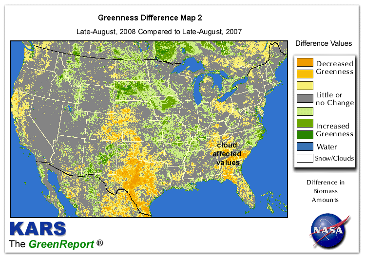 Color-coded U.S. vegetation greeness index map for Period 34 of 2008, illustrating spatial variations in plant vigor, with greener tones indicating higher biomass and browner tones indicating stressed vegetation,
              comparing current crop/vegetation change in biomass to same period from the previous year.
