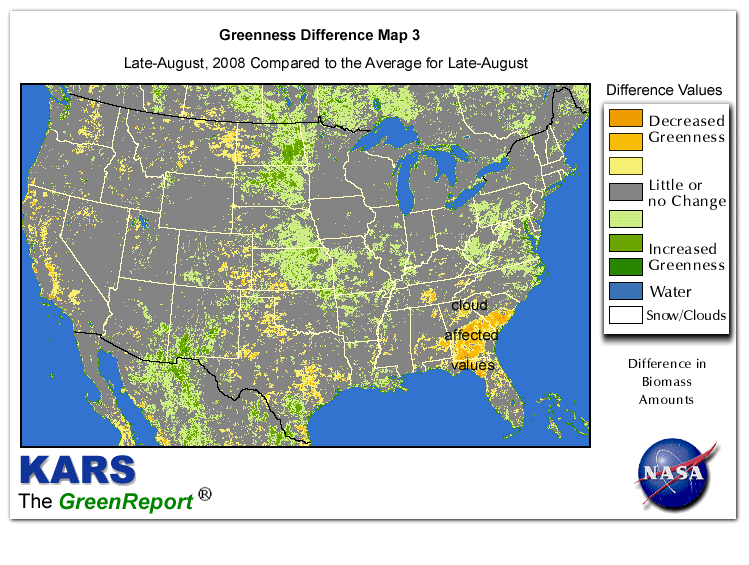 Color-coded U.S. vegetation greeness index map for Period 34 of 2008, illustrating spatial variations in plant vigor, with greener tones indicating higher biomass and browner tones indicating stressed vegetation,
              comparing current crop/vegetation change in biomass to the 20-year greenness average.