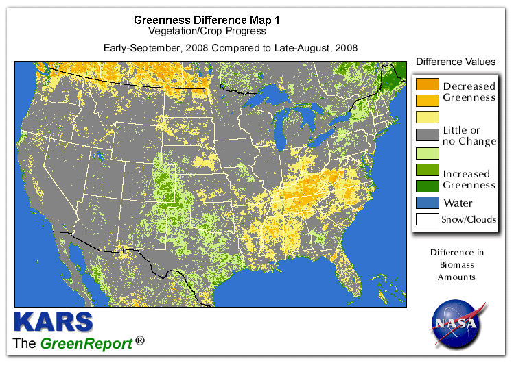 Color-coded U.S. vegetation greeness index map for Period 35 of 2008, illustrating spatial variations in plant vigor, with greener tones indicating higher biomass and browner tones indicating stressed vegetation,
              comparing current crop/vegetation change in biomass to the previous week within the same year.