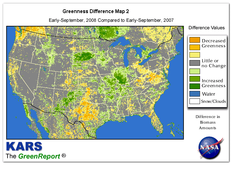 Color-coded U.S. vegetation greeness index map for Period 35 of 2008, illustrating spatial variations in plant vigor, with greener tones indicating higher biomass and browner tones indicating stressed vegetation,
              comparing current crop/vegetation change in biomass to same period from the previous year.