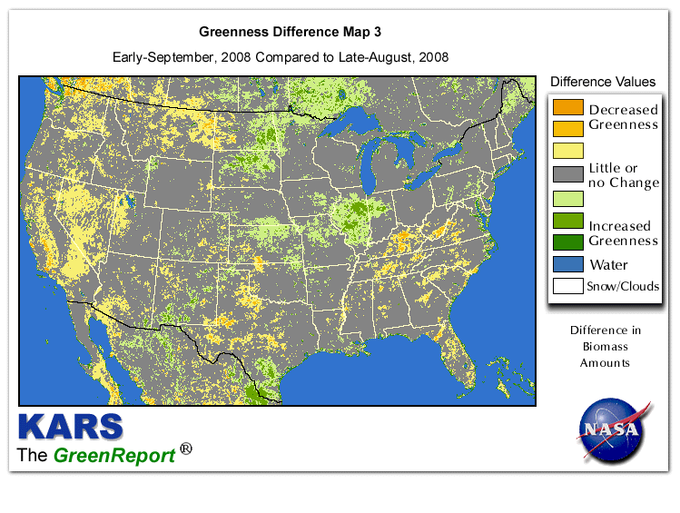 Color-coded U.S. vegetation greeness index map for Period 35 of 2008, illustrating spatial variations in plant vigor, with greener tones indicating higher biomass and browner tones indicating stressed vegetation,
              comparing current crop/vegetation change in biomass to the 20-year greenness average.