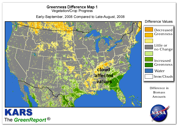 Color-coded U.S. vegetation greeness index map for Period 36 of 2008, illustrating spatial variations in plant vigor, with greener tones indicating higher biomass and browner tones indicating stressed vegetation,
              comparing current crop/vegetation change in biomass to the previous week within the same year.