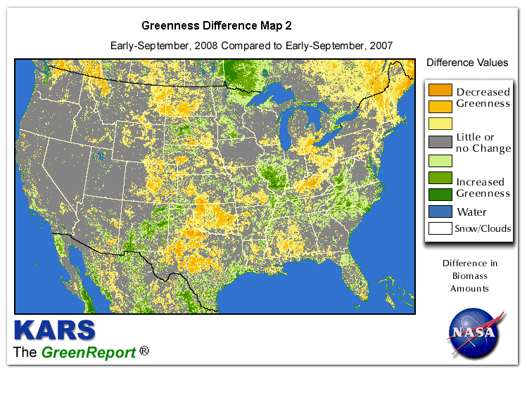 Color-coded U.S. vegetation greeness index map for Period 36 of 2008, illustrating spatial variations in plant vigor, with greener tones indicating higher biomass and browner tones indicating stressed vegetation,
              comparing current crop/vegetation change in biomass to same period from the previous year.