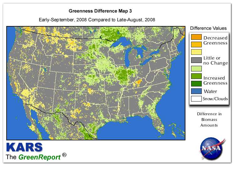 Color-coded U.S. vegetation greeness index map for Period 36 of 2008, illustrating spatial variations in plant vigor, with greener tones indicating higher biomass and browner tones indicating stressed vegetation,
              comparing current crop/vegetation change in biomass to the 20-year greenness average.