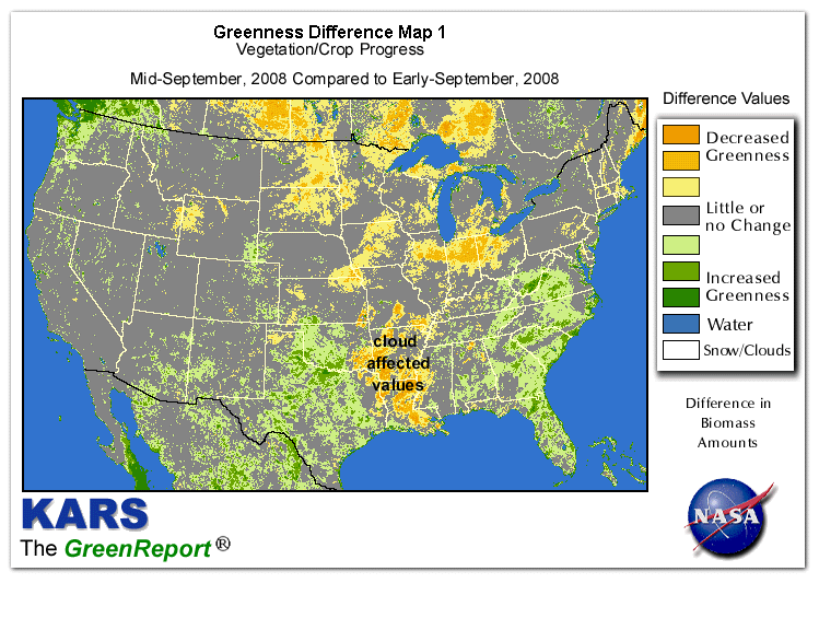 Color-coded U.S. vegetation greeness index map for Period 37 of 2008, illustrating spatial variations in plant vigor, with greener tones indicating higher biomass and browner tones indicating stressed vegetation,
              comparing current crop/vegetation change in biomass to the previous week within the same year.