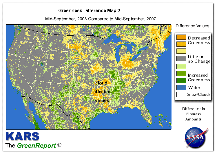Color-coded U.S. vegetation greeness index map for Period 37 of 2008, illustrating spatial variations in plant vigor, with greener tones indicating higher biomass and browner tones indicating stressed vegetation,
              comparing current crop/vegetation change in biomass to same period from the previous year.