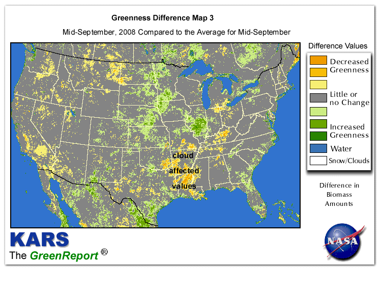 Color-coded U.S. vegetation greeness index map for Period 37 of 2008, illustrating spatial variations in plant vigor, with greener tones indicating higher biomass and browner tones indicating stressed vegetation,
              comparing current crop/vegetation change in biomass to the 20-year greenness average.