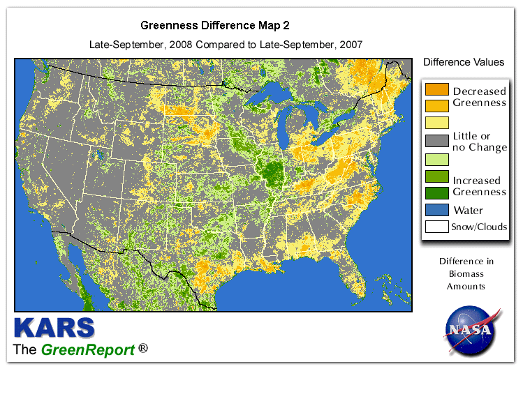 Color-coded U.S. vegetation greeness index map for Period 38 of 2008, illustrating spatial variations in plant vigor, with greener tones indicating higher biomass and browner tones indicating stressed vegetation,
              comparing current crop/vegetation change in biomass to same period from the previous year.