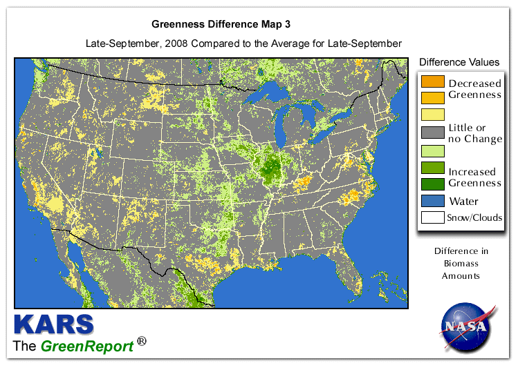 Color-coded U.S. vegetation greeness index map for Period 38 of 2008, illustrating spatial variations in plant vigor, with greener tones indicating higher biomass and browner tones indicating stressed vegetation,
              comparing current crop/vegetation change in biomass to the 20-year greenness average.