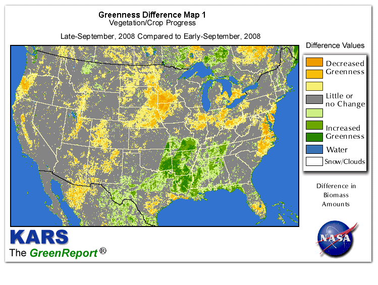 Color-coded U.S. vegetation greeness index map for Period 39 of 2008, illustrating spatial variations in plant vigor, with greener tones indicating higher biomass and browner tones indicating stressed vegetation,
              comparing current crop/vegetation change in biomass to the previous week within the same year.