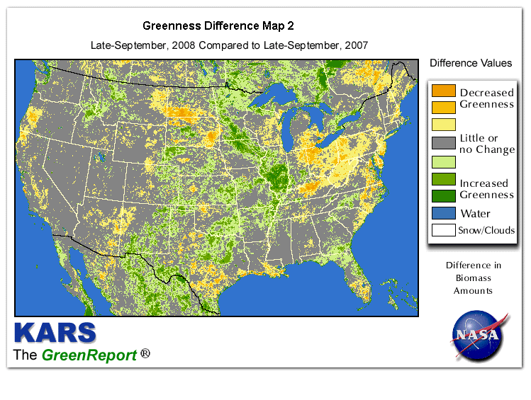 Color-coded U.S. vegetation greeness index map for Period 39 of 2008, illustrating spatial variations in plant vigor, with greener tones indicating higher biomass and browner tones indicating stressed vegetation,
              comparing current crop/vegetation change in biomass to same period from the previous year.