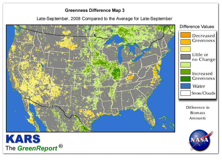Color-coded U.S. vegetation greeness index map for Period 39 of 2008, illustrating spatial variations in plant vigor, with greener tones indicating higher biomass and browner tones indicating stressed vegetation,
              comparing current crop/vegetation change in biomass to the 20-year greenness average.