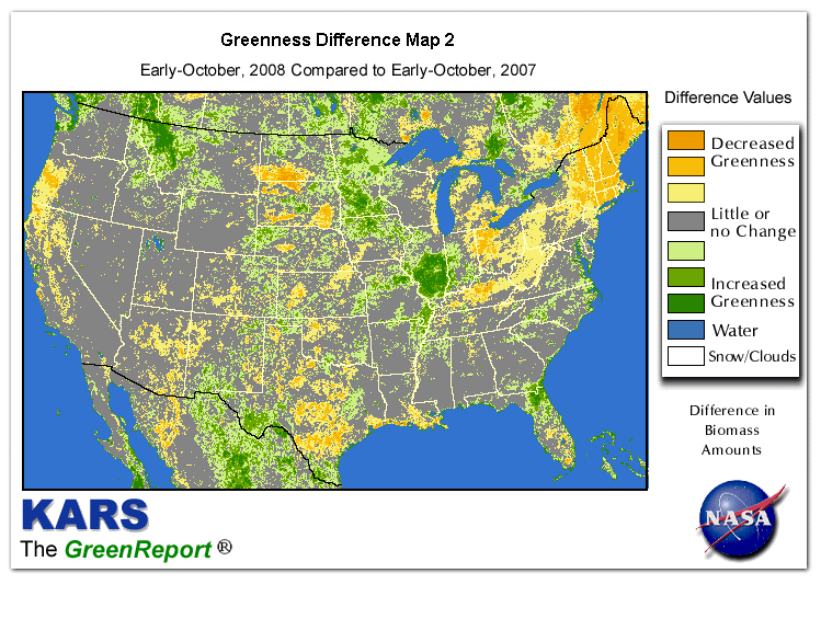 Color-coded U.S. vegetation greeness index map for Period 40 of 2008, illustrating spatial variations in plant vigor, with greener tones indicating higher biomass and browner tones indicating stressed vegetation,
              comparing current crop/vegetation change in biomass to same period from the previous year.