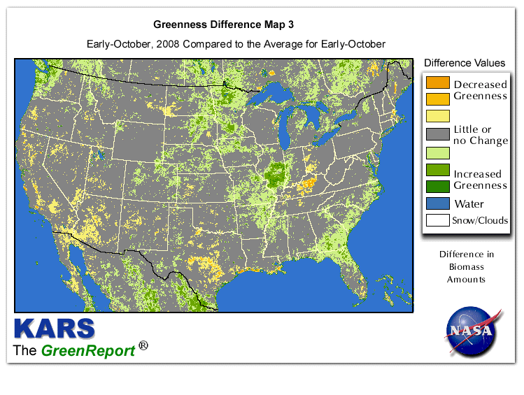 Color-coded U.S. vegetation greeness index map for Period 40 of 2008, illustrating spatial variations in plant vigor, with greener tones indicating higher biomass and browner tones indicating stressed vegetation,
              comparing current crop/vegetation change in biomass to the 20-year greenness average.