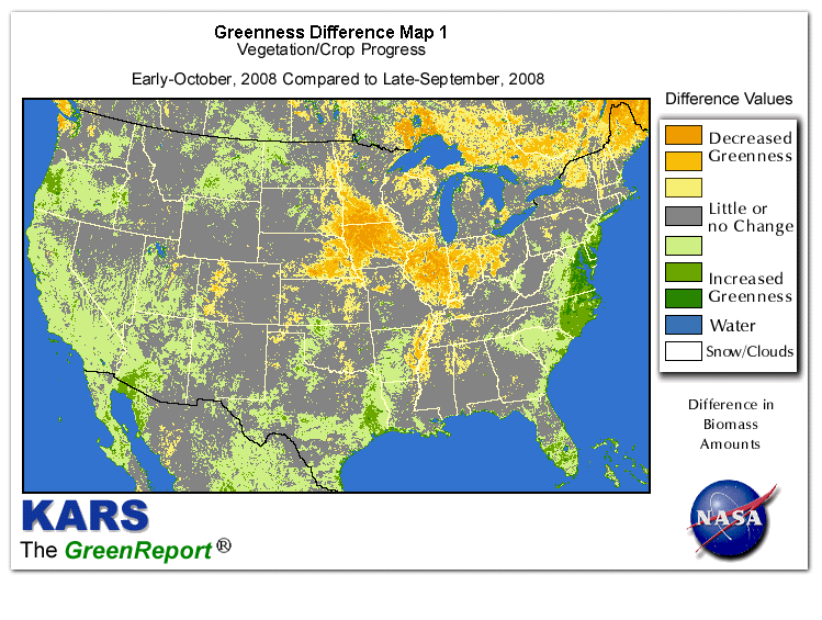 Color-coded U.S. vegetation greeness index map for Period 41 of 2008, illustrating spatial variations in plant vigor, with greener tones indicating higher biomass and browner tones indicating stressed vegetation,
              comparing current crop/vegetation change in biomass to the previous week within the same year.