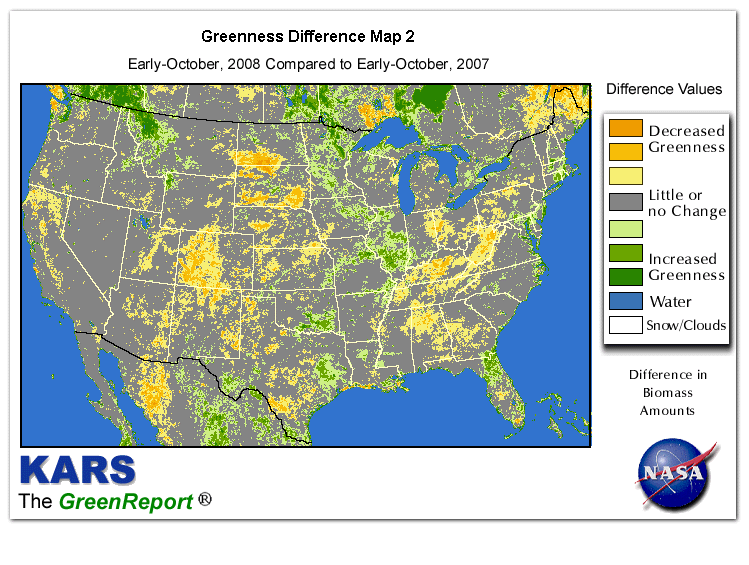 Color-coded U.S. vegetation greeness index map for Period 41 of 2008, illustrating spatial variations in plant vigor, with greener tones indicating higher biomass and browner tones indicating stressed vegetation,
              comparing current crop/vegetation change in biomass to same period from the previous year.