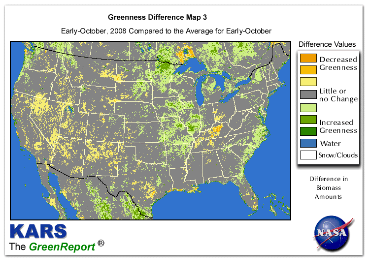 Color-coded U.S. vegetation greeness index map for Period 41 of 2008, illustrating spatial variations in plant vigor, with greener tones indicating higher biomass and browner tones indicating stressed vegetation,
              comparing current crop/vegetation change in biomass to the 20-year greenness average.
