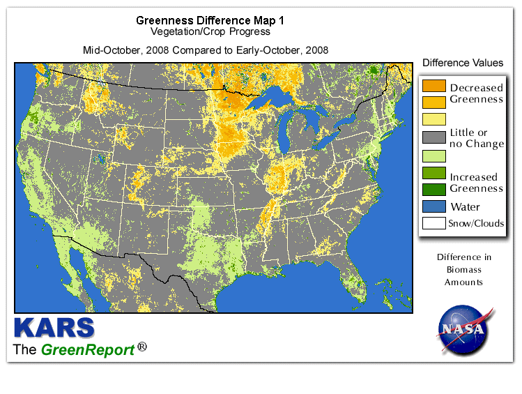 Color-coded U.S. vegetation greeness index map for Period 42 of 2008, illustrating spatial variations in plant vigor, with greener tones indicating higher biomass and browner tones indicating stressed vegetation,
              comparing current crop/vegetation change in biomass to the previous week within the same year.
