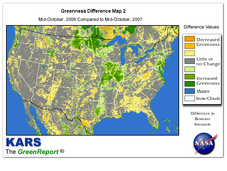 Color-coded U.S. vegetation greeness index map for Period 42 of 2008, illustrating spatial variations in plant vigor, with greener tones indicating higher biomass and browner tones indicating stressed vegetation,
              comparing current crop/vegetation change in biomass to same period from the previous year.
