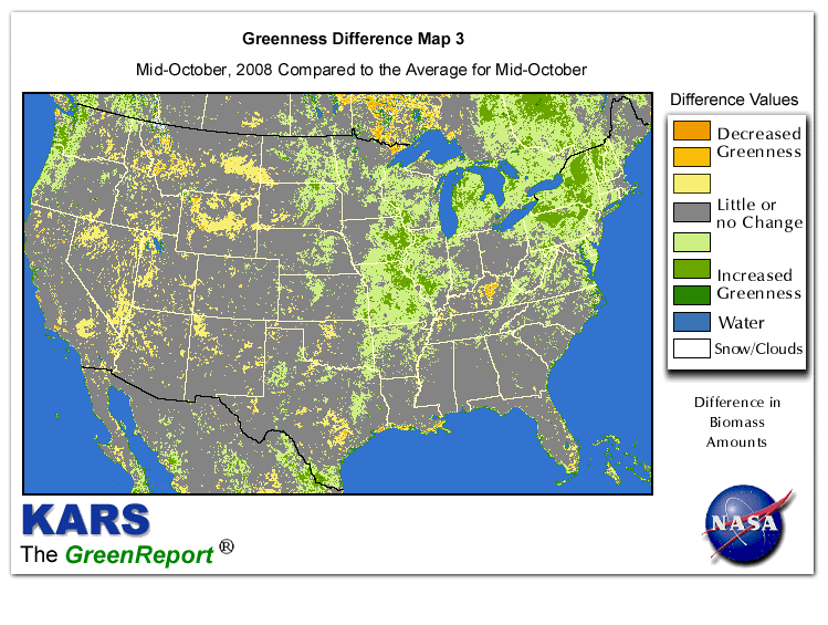 Color-coded U.S. vegetation greeness index map for Period 42 of 2008, illustrating spatial variations in plant vigor, with greener tones indicating higher biomass and browner tones indicating stressed vegetation,
              comparing current crop/vegetation change in biomass to the 20-year greenness average.