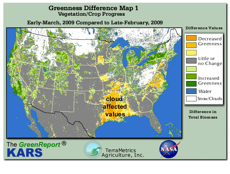 Color-coded U.S. vegetation greeness index map for Period 11 of 2009, illustrating spatial variations in plant vigor, with greener tones indicating higher biomass and browner tones indicating stressed vegetation,
              comparing current crop/vegetation change in biomass to the previous week within the same year.