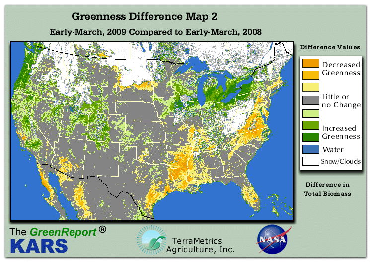 Color-coded U.S. vegetation greeness index map for Period 11 of 2009, illustrating spatial variations in plant vigor, with greener tones indicating higher biomass and browner tones indicating stressed vegetation,
              comparing current crop/vegetation change in biomass to same period from the previous year.