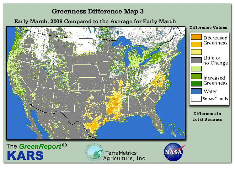 Color-coded U.S. vegetation greeness index map for Period 11 of 2009, illustrating spatial variations in plant vigor, with greener tones indicating higher biomass and browner tones indicating stressed vegetation,
              comparing current crop/vegetation change in biomass to the 20-year greenness average.