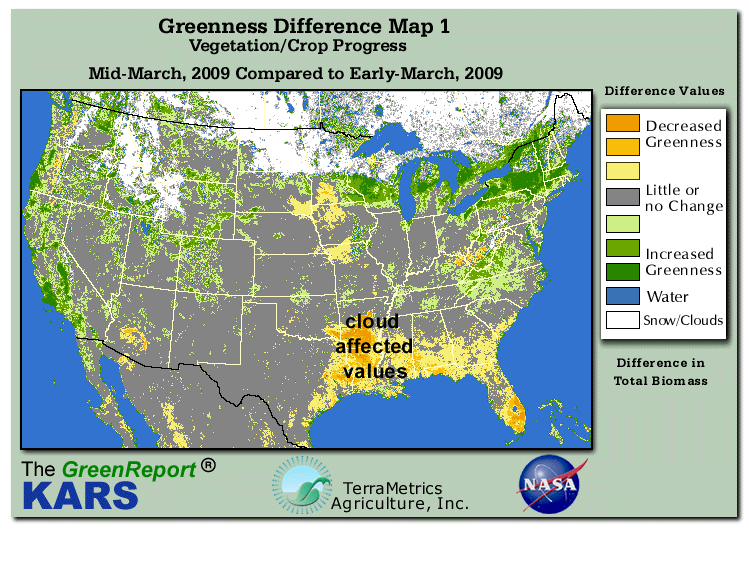 Color-coded U.S. vegetation greeness index map for Period 12 of 2009, illustrating spatial variations in plant vigor, with greener tones indicating higher biomass and browner tones indicating stressed vegetation,
              comparing current crop/vegetation change in biomass to the previous week within the same year.