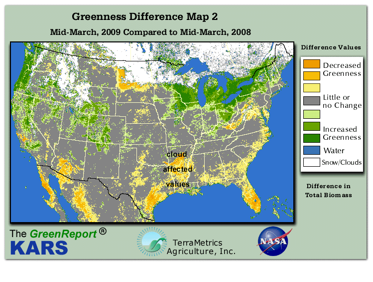 Color-coded U.S. vegetation greeness index map for Period 12 of 2009, illustrating spatial variations in plant vigor, with greener tones indicating higher biomass and browner tones indicating stressed vegetation,
              comparing current crop/vegetation change in biomass to same period from the previous year.