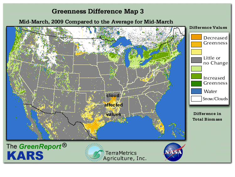 Color-coded U.S. vegetation greeness index map for Period 12 of 2009, illustrating spatial variations in plant vigor, with greener tones indicating higher biomass and browner tones indicating stressed vegetation,
              comparing current crop/vegetation change in biomass to the 20-year greenness average.