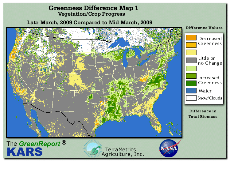 Color-coded U.S. vegetation greeness index map for Period 13 of 2009, illustrating spatial variations in plant vigor, with greener tones indicating higher biomass and browner tones indicating stressed vegetation,
              comparing current crop/vegetation change in biomass to the previous week within the same year.
