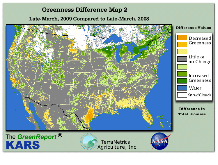 Color-coded U.S. vegetation greeness index map for Period 13 of 2009, illustrating spatial variations in plant vigor, with greener tones indicating higher biomass and browner tones indicating stressed vegetation,
              comparing current crop/vegetation change in biomass to same period from the previous year.