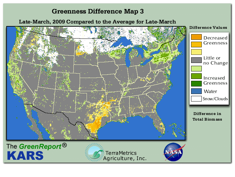 Color-coded U.S. vegetation greeness index map for Period 13 of 2009, illustrating spatial variations in plant vigor, with greener tones indicating higher biomass and browner tones indicating stressed vegetation,
              comparing current crop/vegetation change in biomass to the 20-year greenness average.