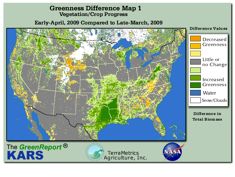 Color-coded U.S. vegetation greeness index map for Period 14 of 2009, illustrating spatial variations in plant vigor, with greener tones indicating higher biomass and browner tones indicating stressed vegetation,
              comparing current crop/vegetation change in biomass to the previous week within the same year.