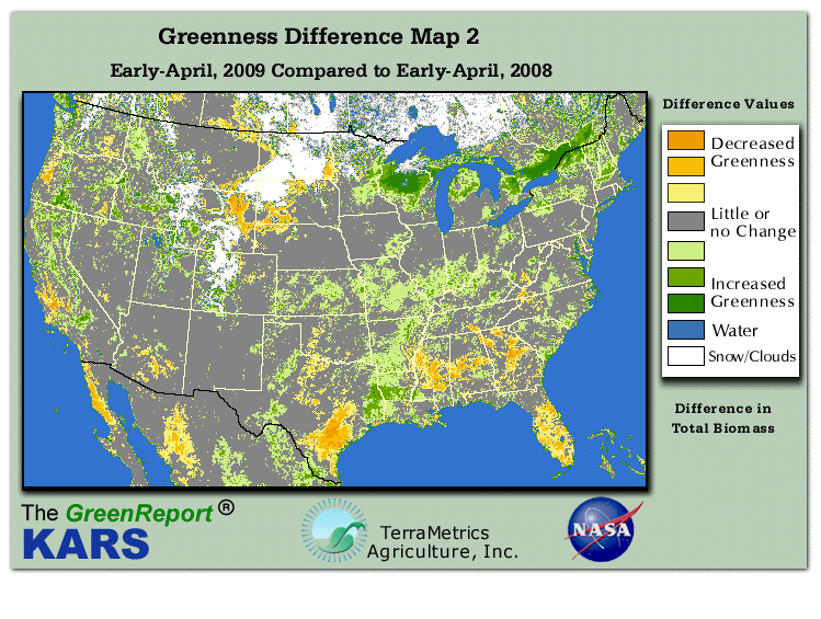Color-coded U.S. vegetation greeness index map for Period 14 of 2009, illustrating spatial variations in plant vigor, with greener tones indicating higher biomass and browner tones indicating stressed vegetation,
              comparing current crop/vegetation change in biomass to same period from the previous year.