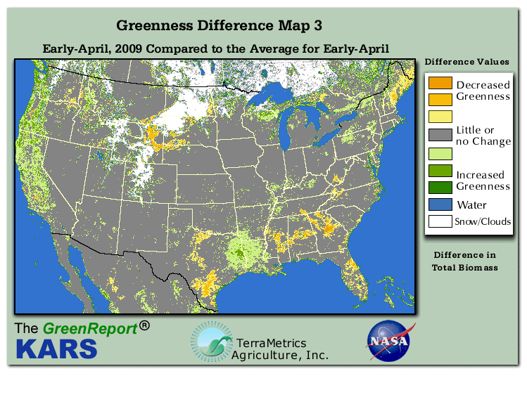 Color-coded U.S. vegetation greeness index map for Period 14 of 2009, illustrating spatial variations in plant vigor, with greener tones indicating higher biomass and browner tones indicating stressed vegetation,
              comparing current crop/vegetation change in biomass to the 20-year greenness average.