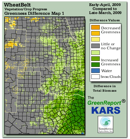 Color-coded Wheat Belt vegetation greeness index map for Period 14 of 2009, illustrating spatial variations in plant vigor, with greener tones indicating higher biomass and browner tones indicating stressed vegetation,
              comparing current crop/vegetation change in biomass to the previous week within the same year.