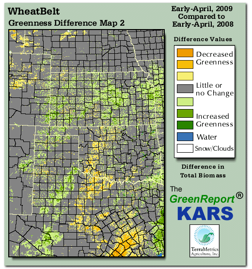 Color-coded Wheat Belt vegetation greeness index map for Period 14 of 2009, illustrating spatial variations in plant vigor, with greener tones indicating higher biomass and browner tones indicating stressed vegetation,
              comparing current crop/vegetation change in biomass to same period from the previous year.