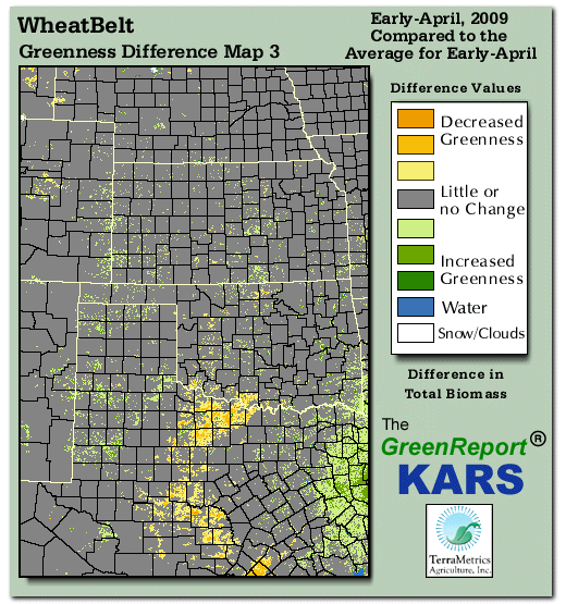 Color-coded Wheat Belt vegetation greeness index map for Period 14 of 2009, illustrating spatial variations in plant vigor, with greener tones indicating higher biomass and browner tones indicating stressed vegetation,
              comparing current crop/vegetation change in biomass to the 20-year greenness average.