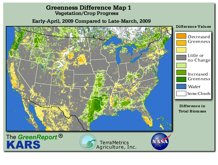 Color-coded U.S. vegetation greeness index map for Period 15 of 2009, illustrating spatial variations in plant vigor, with greener tones indicating higher biomass and browner tones indicating stressed vegetation,
              comparing current crop/vegetation change in biomass to the previous week within the same year.