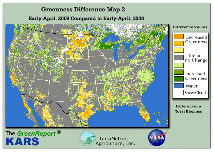 Color-coded U.S. vegetation greeness index map for Period 15 of 2009, illustrating spatial variations in plant vigor, with greener tones indicating higher biomass and browner tones indicating stressed vegetation,
              comparing current crop/vegetation change in biomass to same period from the previous year.