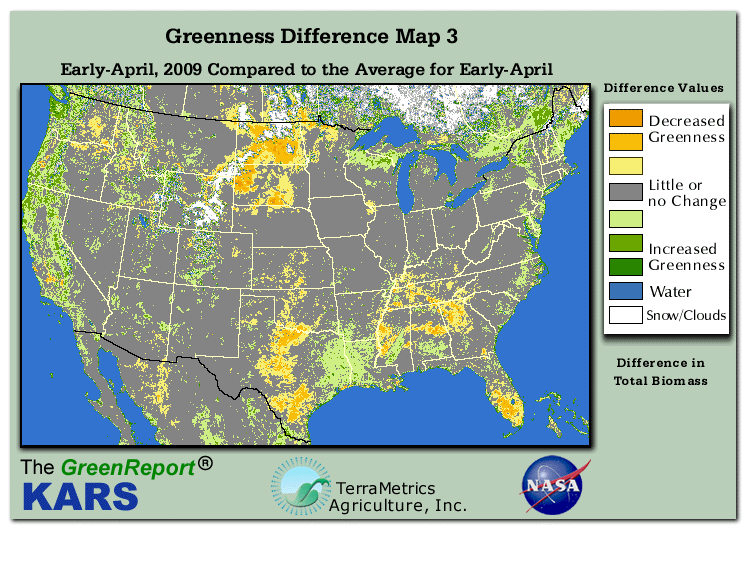 Color-coded U.S. vegetation greeness index map for Period 15 of 2009, illustrating spatial variations in plant vigor, with greener tones indicating higher biomass and browner tones indicating stressed vegetation,
              comparing current crop/vegetation change in biomass to the 20-year greenness average.