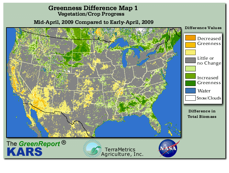 Color-coded U.S. vegetation greeness index map for Period 16 of 2009, illustrating spatial variations in plant vigor, with greener tones indicating higher biomass and browner tones indicating stressed vegetation,
              comparing current crop/vegetation change in biomass to the previous week within the same year.