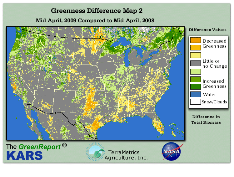 Color-coded U.S. vegetation greeness index map for Period 16 of 2009, illustrating spatial variations in plant vigor, with greener tones indicating higher biomass and browner tones indicating stressed vegetation,
              comparing current crop/vegetation change in biomass to same period from the previous year.