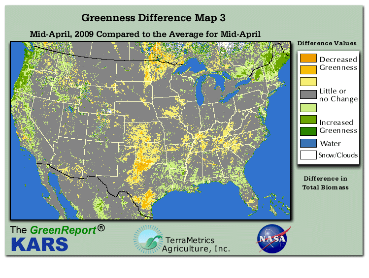 Color-coded U.S. vegetation greeness index map for Period 16 of 2009, illustrating spatial variations in plant vigor, with greener tones indicating higher biomass and browner tones indicating stressed vegetation,
              comparing current crop/vegetation change in biomass to the 20-year greenness average.