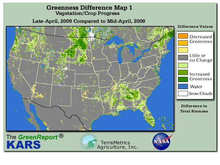Color-coded U.S. vegetation greeness index map for Period 17 of 2009, illustrating spatial variations in plant vigor, with greener tones indicating higher biomass and browner tones indicating stressed vegetation,
              comparing current crop/vegetation change in biomass to the previous week within the same year.