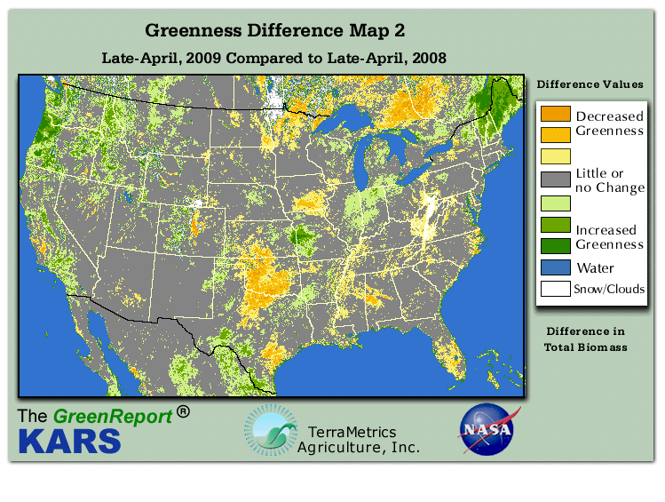 Color-coded U.S. vegetation greeness index map for Period 17 of 2009, illustrating spatial variations in plant vigor, with greener tones indicating higher biomass and browner tones indicating stressed vegetation,
              comparing current crop/vegetation change in biomass to same period from the previous year.