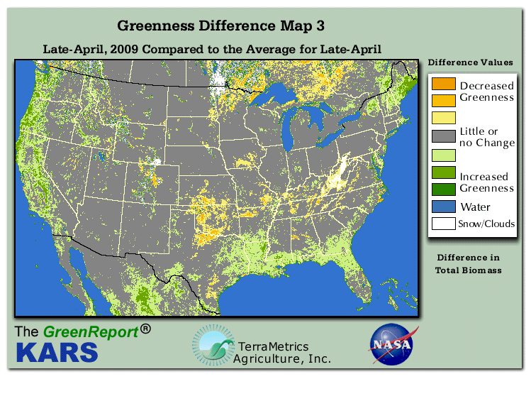 Color-coded U.S. vegetation greeness index map for Period 17 of 2009, illustrating spatial variations in plant vigor, with greener tones indicating higher biomass and browner tones indicating stressed vegetation,
              comparing current crop/vegetation change in biomass to the 20-year greenness average.