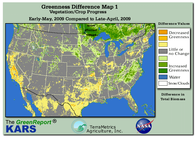 Color-coded U.S. vegetation greeness index map for Period 18 of 2009, illustrating spatial variations in plant vigor, with greener tones indicating higher biomass and browner tones indicating stressed vegetation,
              comparing current crop/vegetation change in biomass to the previous week within the same year.
